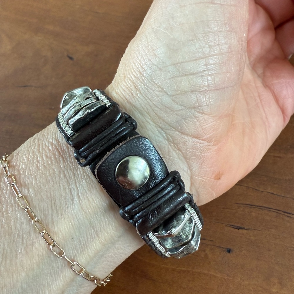 Silver and Brown leather Bracelet snap beaded bracelet unisex - Picture 4 of 7